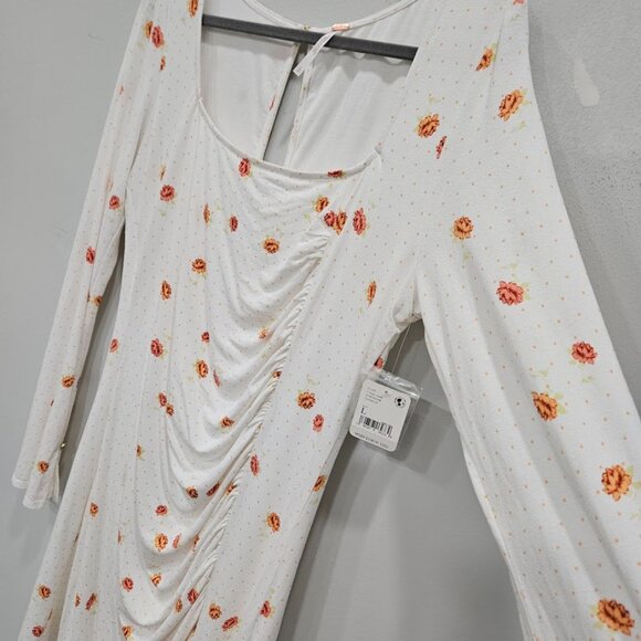 Free People Floral Mini Dress Short White Orange Long Sleeve Square Neck Large - Picture 8 of 12